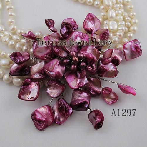Comercio al por mayor A1297 # Joyería de la mujer rosa concha collar de perlas de agua dulce collar de la flor de la venta caliente