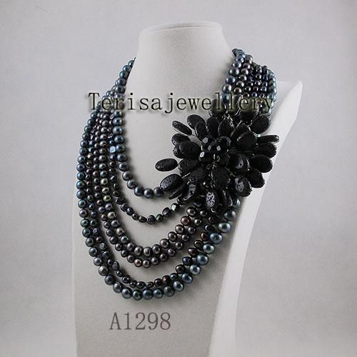 Venta al por mayor A1298 # joyería de la mujer lava negro Fresh Water Pearl Necklace collar de la flor de la venta caliente