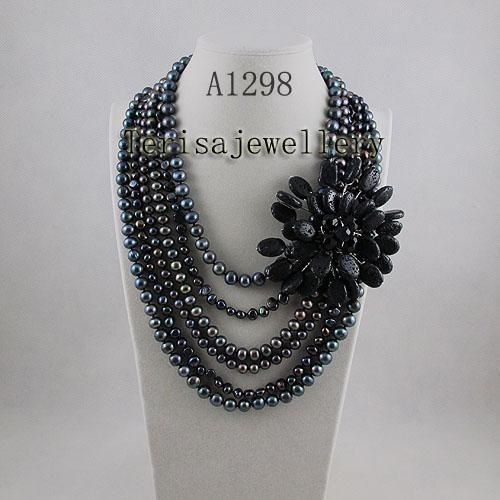Toptan A1298 # Kadının mücevher siyah lav Tatlı Su Inci Kolye sıcak satış çiçek kolye