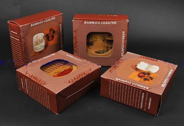 Bambou imprimé cadeau Coaster Pad de tasse de café Ensemble de sous-verres décoratifs ethniques en gros avec la boîte d'emballage / pack 1 jeu = 6 pièces Gratuit