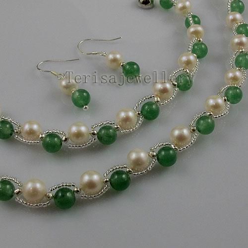 jade fresh water pearl necklace bracelet earring fashion woman's jewelry set wholesale A1340