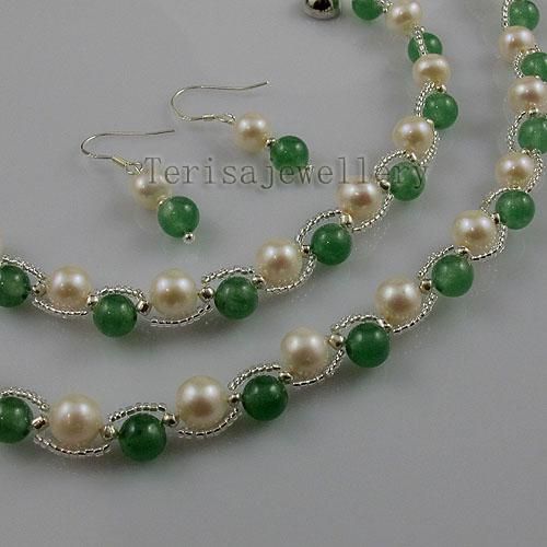 Jade água doce colar de pérolas pulseira brinco moda feminina conjunto de jóias por atacado A1340