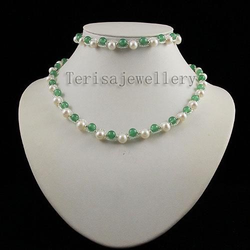 jade fresh water pearl necklace bracelet earring fashion woman's jewelry set wholesale A1340