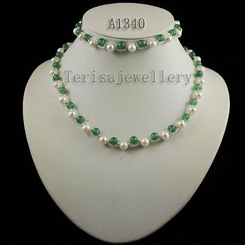 Jade Fresh Water Pearl Ketting Armband Oorbel Mode Vrouw Sieraden Set Groothandel A1340