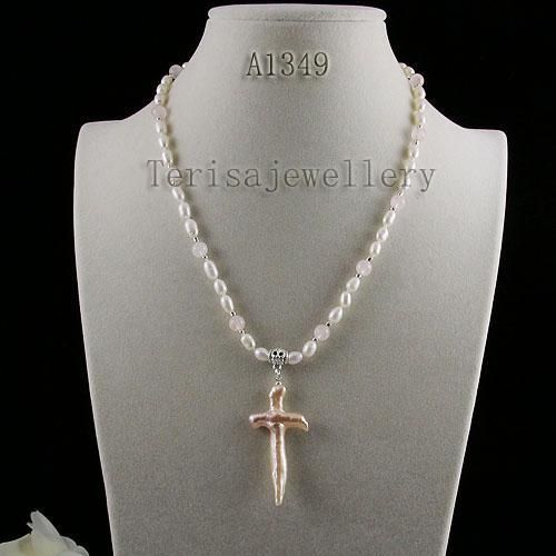 жемчуг розовый кварц крест ожерелье пресной воды Жемчужное ожерелье мода женщины ювелирные изделия ожерелье A1349