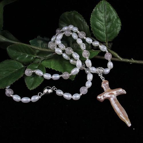perla rosa collar de la joyería A1349 de cuarzo collar con una cruz de perlas de agua dulce de la mujer de moda collar