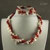 Woman's Necklace bracelet hot sale 2rows unique red coral white Fresh Water Pearl jewelry set A1427