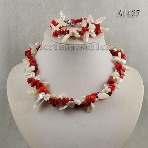 Kvinna halsband armband varm försäljning 2Ows unika röda korall vit färska vatten pärla smycken set a1427