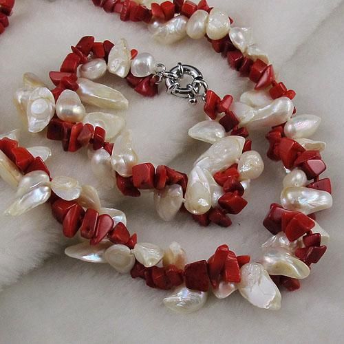 Collana donna bracciale caldo vendita 2 cole rosso corallo bianco acqua dolce perla set di gioielli A1427