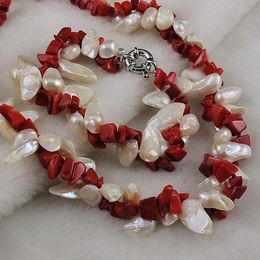 Woman's Necklace bracelet hot sale 2rows unique red coral white Fresh Water Pearl Jewellery set A1427