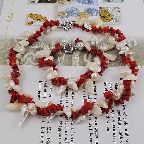 Damen-Halskettenarmband, heißer Verkauf, 2 Reihen, einzigartiges Schmuckset aus roten Korallen und weißen Süßwasserperlen A1427