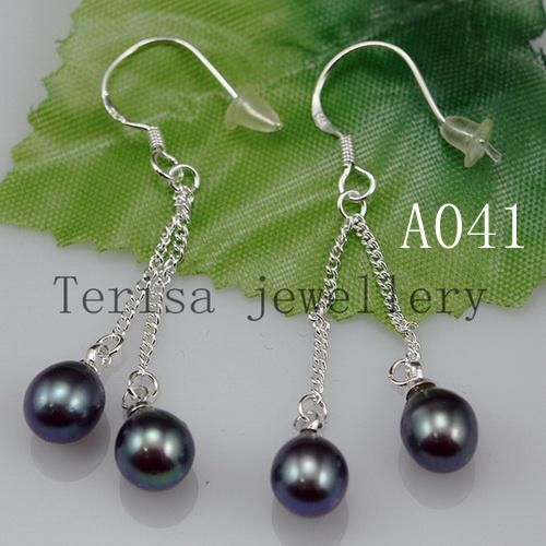 vente en gros perle boucles d'oreilles couleur noire 6.5mm longueur 1.8-2inch 925 argent perles Dangle Earring.A041