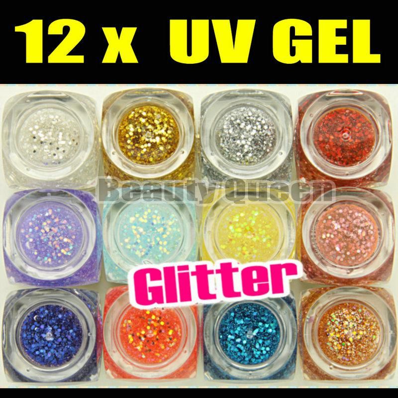 12 jogos / lote 12 cores 8 ml Mix Colors GLITTER FOLHAS REDONDAS EM PÓ UV Builder Gel kit conjunto para Nail Art