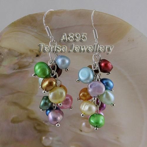 Hermosa mezcla de color perla pendiente joyería de las mujeres 925 plata esterlina gancho cuelga pendiente A895