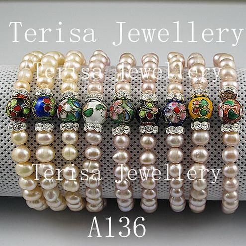 conception spéciale 8MM cloisonné 6-7MM perle d'eau douce bracelet élastique bijoux de mode pour femme A136