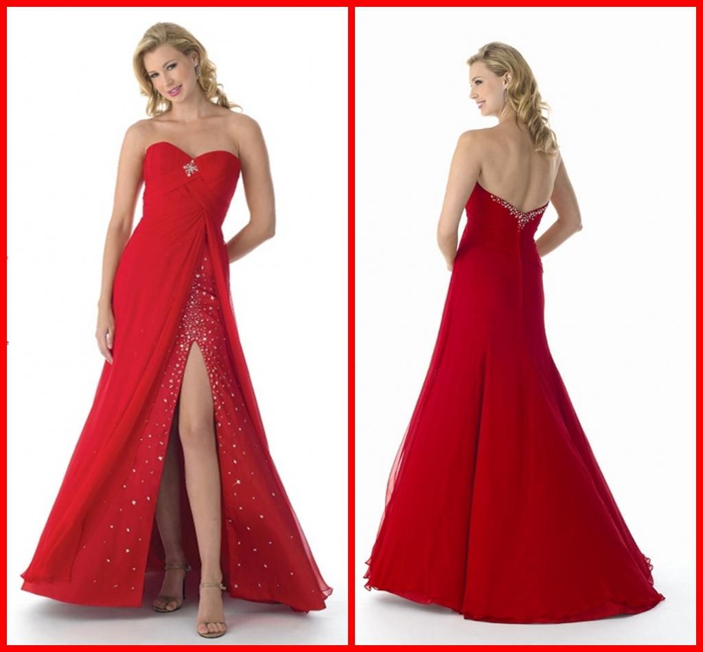 Red Bead Flare Side Open Prom Dresses Ankle Length Sweetheart Neckline ...