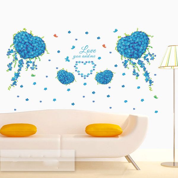 Blue Flowers With Love Heart Shape Butterfly Wall Decal Love You