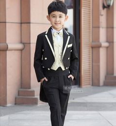black tailcoat costume Australia - 2016 New Children Tailcoat Black Tuxedo Set Costume Birthday Fashion Casual Formal Boy Wedding Suits Blazers 5PCS Set F1016