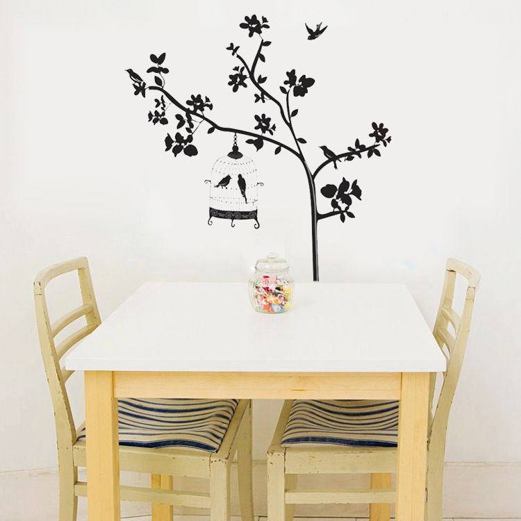 black tree branches birdcage birds wall stickers removable living
