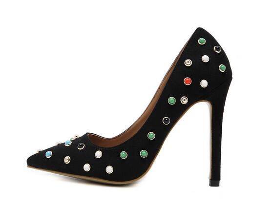

the new riveting highheeled shoes pointed colored gems sexy fine work with joker black shoes shows white sheet