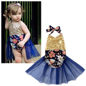 2016 Cute Infant INS Baby Pagliaccetti floreali con paillettes Dress Tute senza maniche per bambina con paillettes floreali Tutine neonato One-Piece