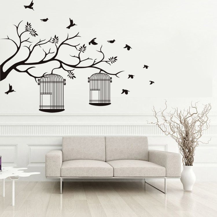 Tree Branches Birdcage Birds Wall Stickers Living Room Bedroom Removable Background Decor Wall Decals Home Decoration Wallpaper Poster Mural Wall