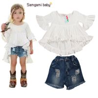 ITO22 NEW Ins Kids Girl Clothing Sets 100%Cotton Short Sleeve Tuxedo Dress + Denim pant girl clothing set