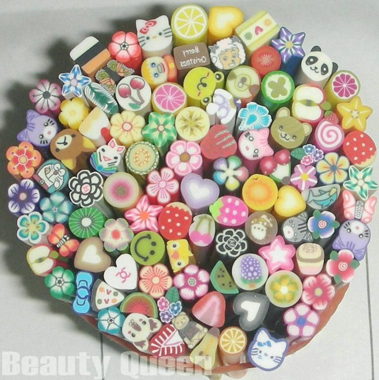 100 Mixed Design Nail Art Fimo Clay Cane Sticks Rods Sticker 3D Decoration Fruit Flower Slice DIY