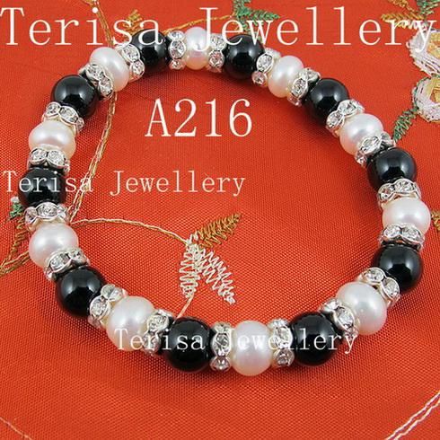 jóias de design especial mistura preto ágata branco pulseira elástica de água doce pérola 3 pçs / lote A216