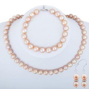 Genuine 9-10mm pink Pearl Necklace Bracelet Earring Set