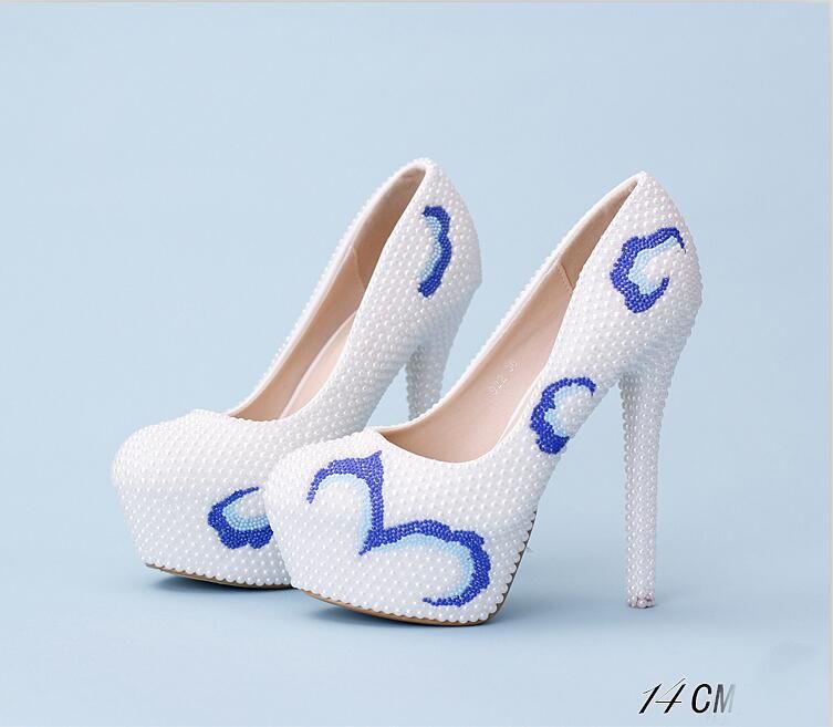 white and blue wedding shoes
