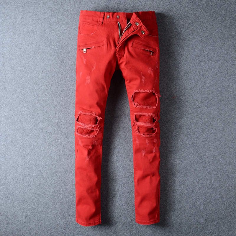 mens red distressed jeans