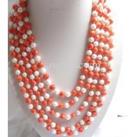 natural 100''7-8mm White Pearl&Sea Pink Coral Necklace