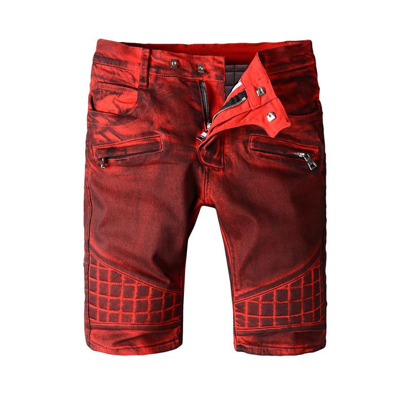2019 RED Washed Denim Cargo Shorts Men Fashion Ripped Hole Short Robins