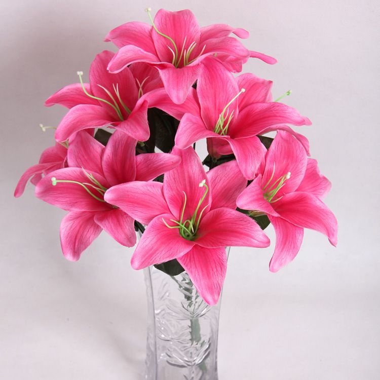 Perfume Lily 10 Heads Raw Silk Flower & Plastic Cement Leaves Artificial Flowers For Wedding