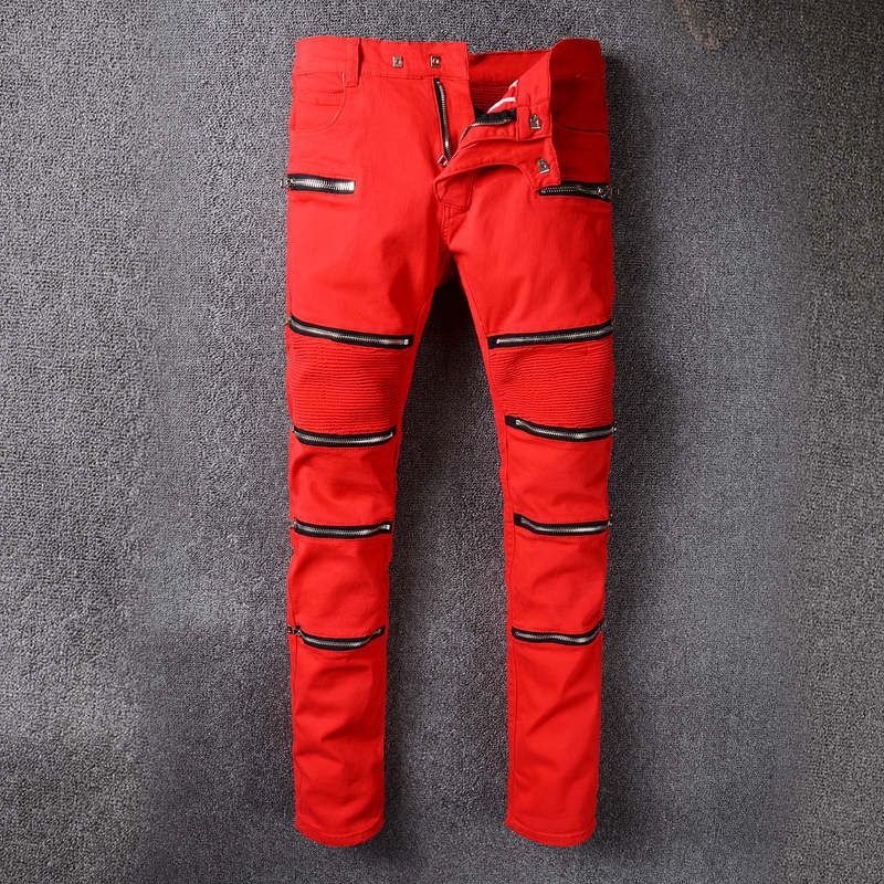 red biker jeans