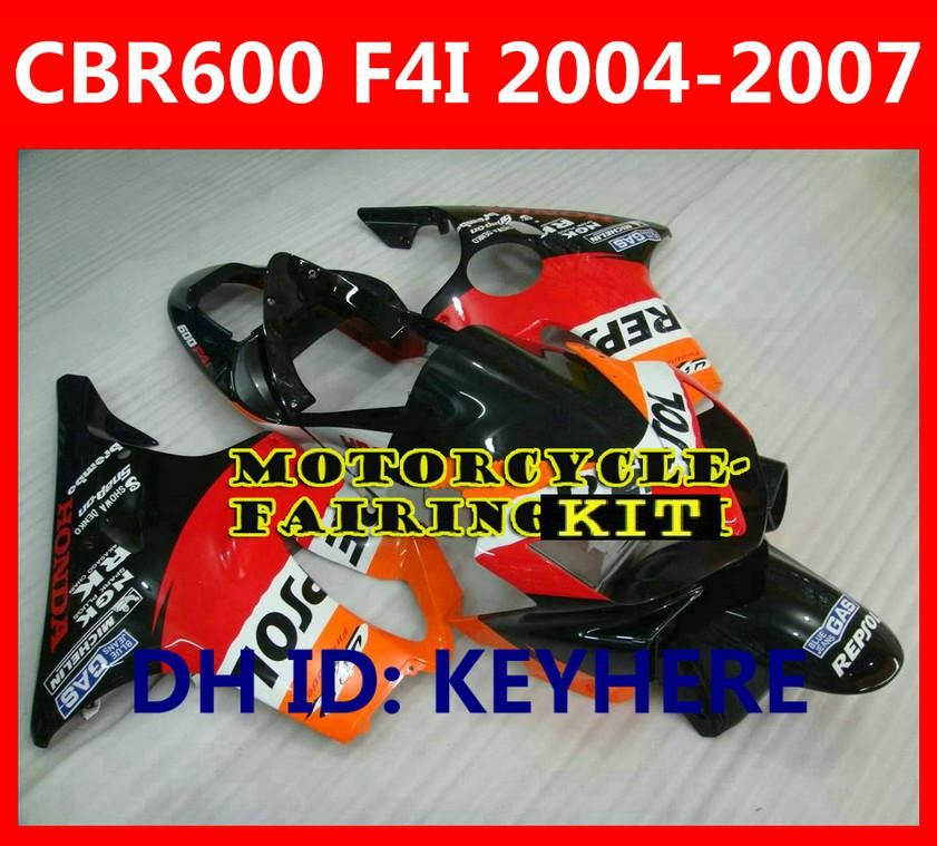 Repsol Body Parts Fairing Kit för Honda CBR600 F4I 2004-2007 Design som Orange / Svart Freeshipping Windscreen