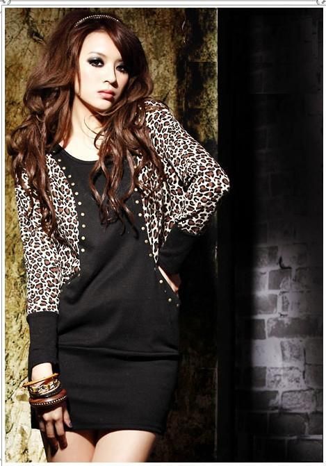 Gratis frakt Hot Women's Cotton Dress Leopard Bat-Wing Långärmad Patchwork Långa toppar Mini Dress Black / Kaki