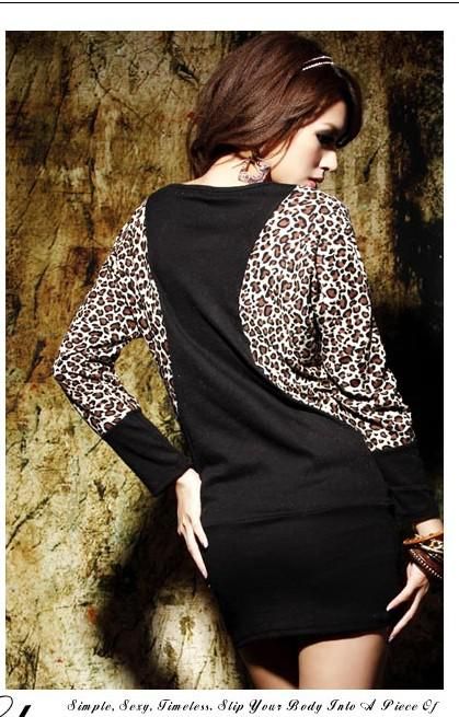 Coton robe léopard bat-aile à manches longues patchwork longues tops mini robe noire / kaki
