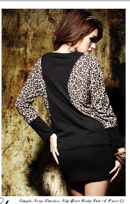 Gratis verzending Hot Dames Katoenen Jurk Leopard Bat-Wing Lange Mouwen Patchwork Lange Tops Mini Jurk Zwart / Khaki