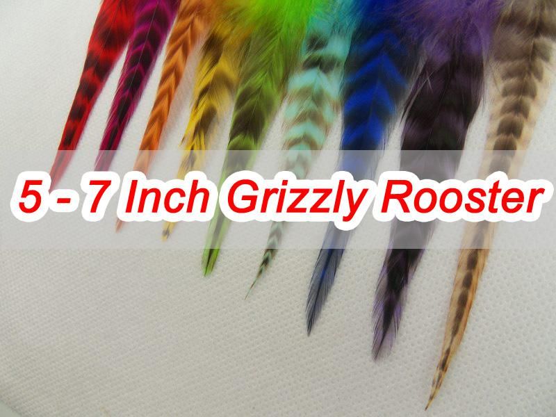 5 - 7 Inch Grizzly Rooster Feather Hair Extension 200pc Feathers Extensions and 200 Beads SRF002