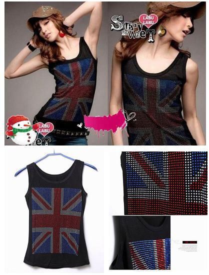 Womens Sleeveless Shirts Diamond Sequins Union Jack Flag Elastic Tank ...