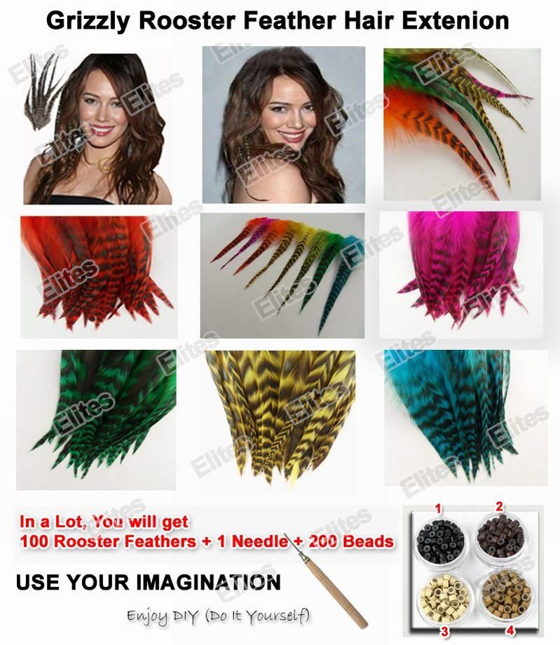 

Grizzly Rooster Feather Hair Extension 100pc Feathers Extensions 1 Needle and 200 Beads GRF201, Mixed color