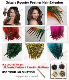 -Grizzly Rooster Feather Haarverlängerung 100 Stück Federn Extensions + 1 Nadel + 200 Perlen GRF201
