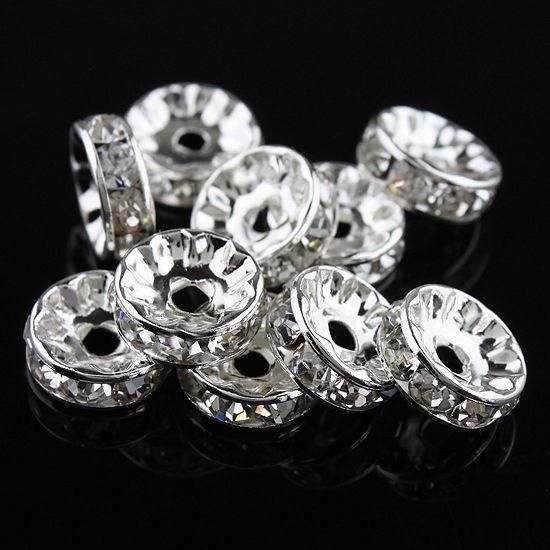 10MM / 12MM Clear Crystal Rhinestone Rondelle Spacer Beads, Silver ...