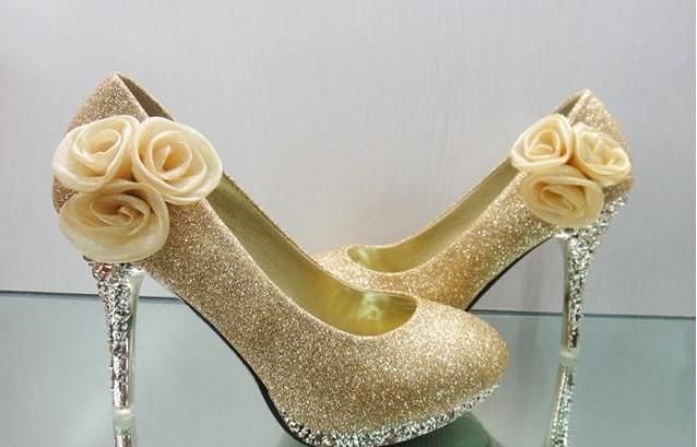 Women's Gold Waterproof Diamond Dazzling High Heels Shoes Wedding ...