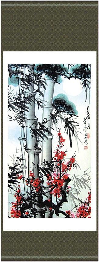 Chinese Bamboo Painting Silk Fabric Classical Decor Hanging Scroll Art Sale L100 x w 35cm 1pcs Free