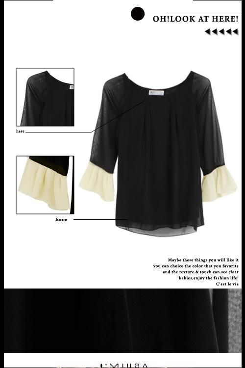 Hot Mulheres Blusas Moda Elegante Onda Manga Bump Cor Chiffon Tops Blusa Preto