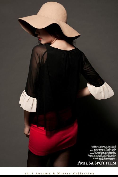 Blusas de mujer caliente moda elegante manga de onda Bump color gasa Tops blusa negro