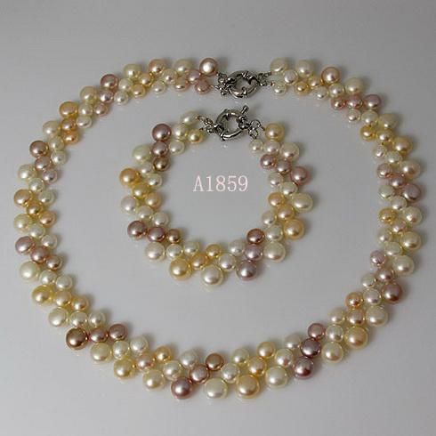 Pérola conjunto de jóias cor natural branco rosa roxo 3 linhas de água doce pulseira colar de pérolas A1859